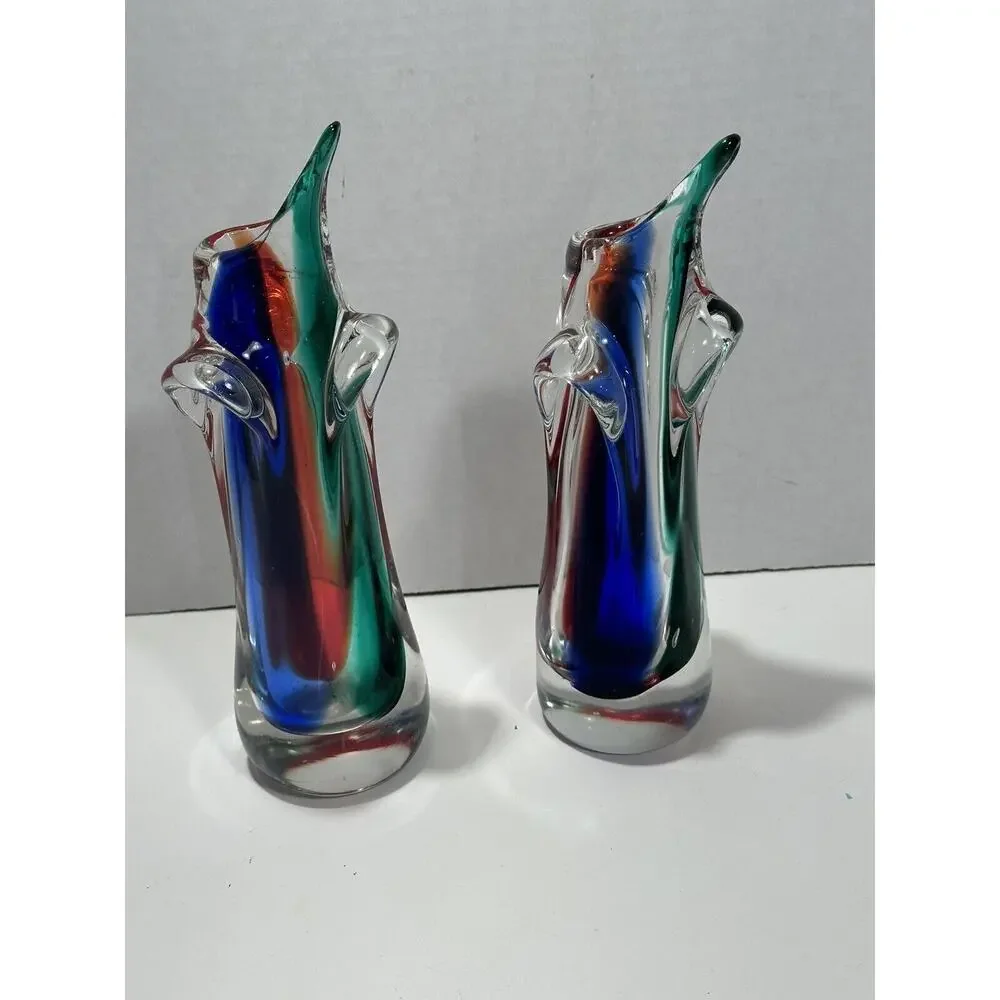 Gorgeous Pair 2 Vintage Art Glass‎ Murano Dolphin Shaped Sommerso Style Vase